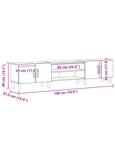 Mobile TV  Nero Rovere 180x31,5x40 cm Legno ingegnerizzato