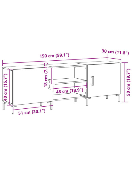 Mobile TV  Nero Rovere 150x30x50 cm Legno ingegnerizzato