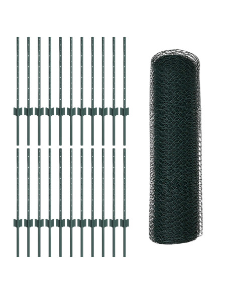 Posti Recinzione 11 pezzi U-Channel Verde 60 cm Acciaio,  Recinzione Esagonale Verde 0.6x50 m Acciaio