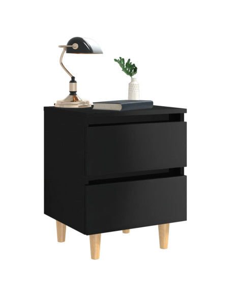 Comodino con Gambe in Pino Massello Nero Lucido 40x35x50 cm