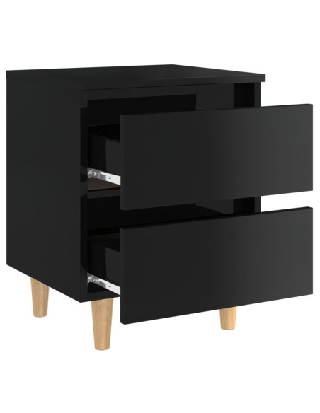 Comodino con Gambe in Pino Massello Nero Lucido 40x35x50 cm
