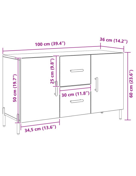 Sideboard  Nero Rovere 100x36x60 cm Legno ingegnerizzato
