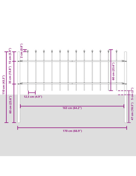 Recinzione da giardino  con punta a lancia grigia 15,3x0,6 m in acciaio