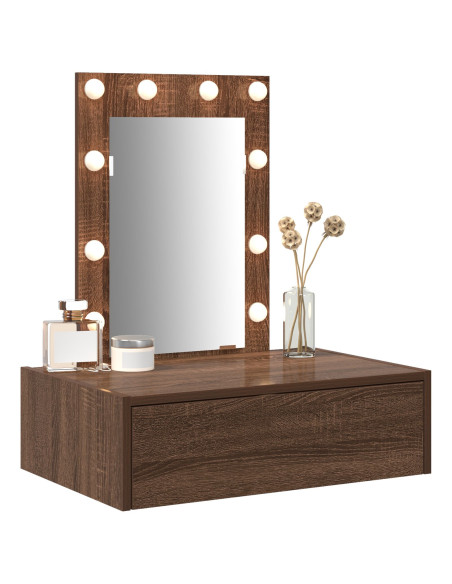 Tavolo da Trucco a Muro con Luci LED in Rovere Marrone