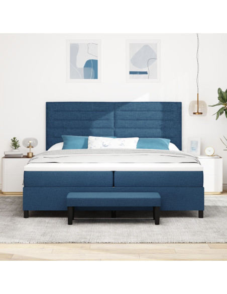 Letto a Molle con Materasso e Panchetta Blu 200x200 cm in Tessuto