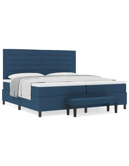 Letto a Molle con Materasso e Panchetta Blu 200x200 cm in Tessuto