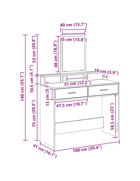 Tavolo da toeletta  con cassetti in rovere affumicato 100x41x140 cm