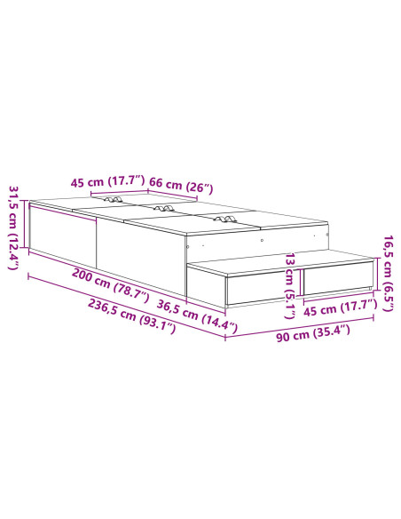 Struttura letto con contenitore con cassetto Rovere fumé 90 cm