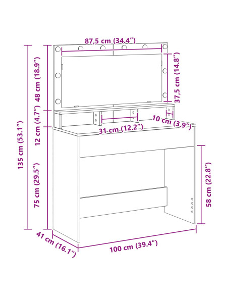 Tavolo da Toeletta con Luci LED - Legno Vintage - 100x41x135 cm
