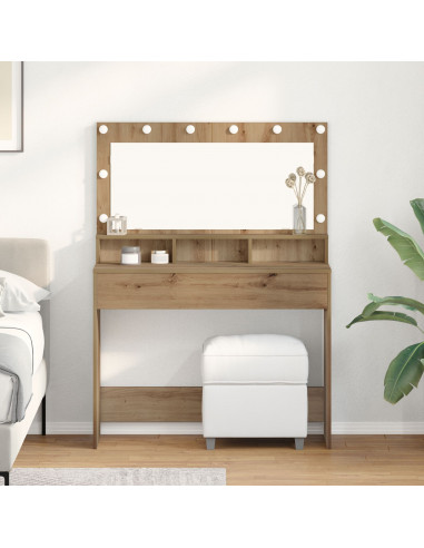 Tavolo per trucco  con luci LED in rovere artigianale, 100x41x135 cm