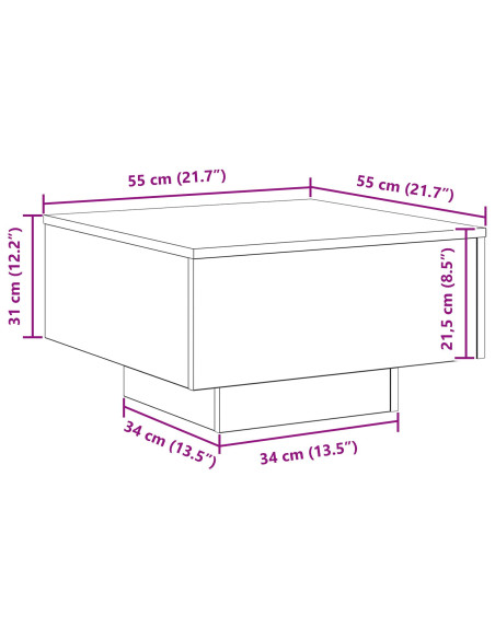 Tavolino da caffè  con luci LED Rovere Artigianale 55x55x31 cm
