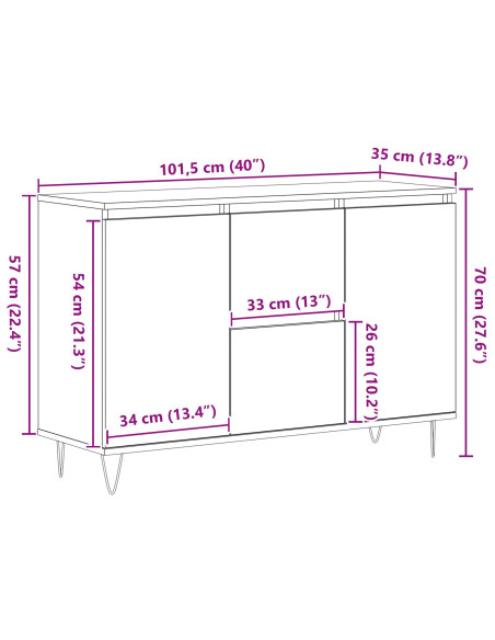 Sideboard Nero Rovere 101,5x35x70 cm Legno ingegnerizzato