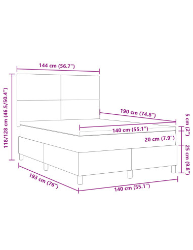 Letto a molle con testiera Grigio Scuro e Bianco 140 x 190 cm