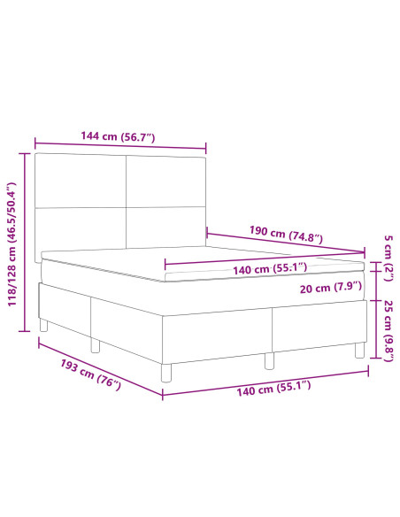 Letto a molle con testiera Grigio Scuro e Bianco 140 x 190 cm