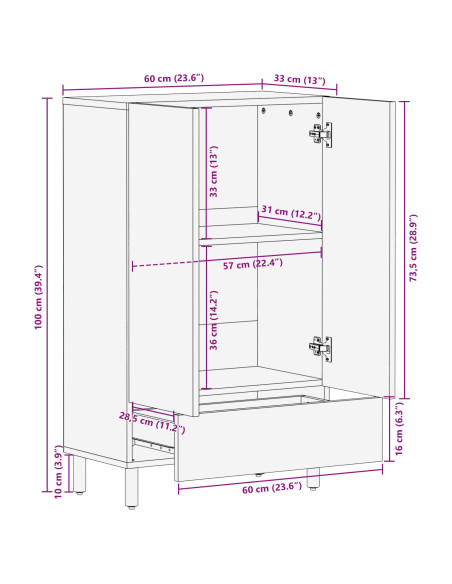 Credenza Naturale 60 x 33,5 x 100 cm Legno di Acacia Massello