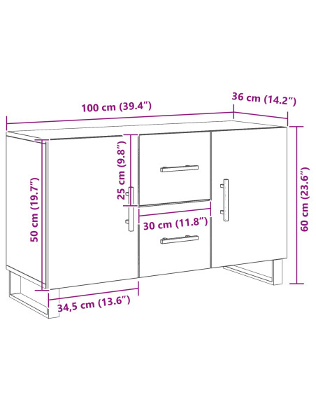 Sideboard  Nero Rovere 100x36x60 cm Legno ingegnerizzato