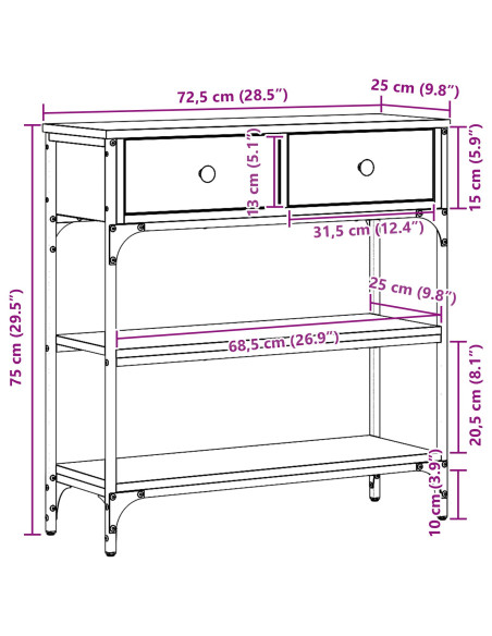 Tavolino in Legno Vecchio 72,5x25x75 cm Legno Ingegnerizzato e Acciaio