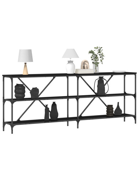 Tavolino Consolle Nero Quercia 200x30x75 cm Legno Ingranato e Acciaio