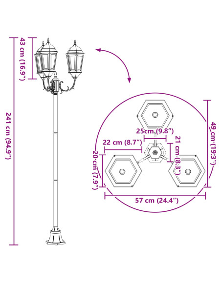 Lampione da Giardino  3 lampade E27 Bianco 220 cm Alluminio