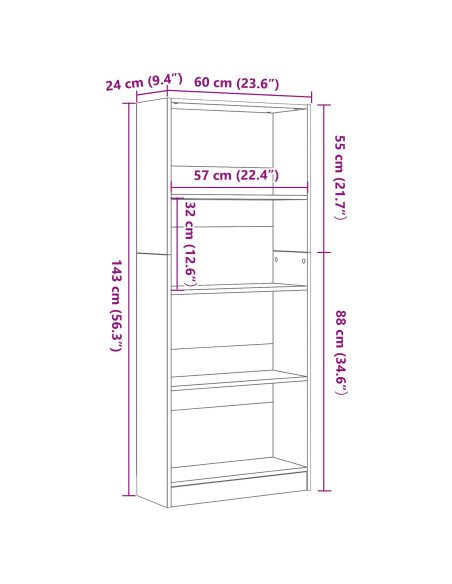 Libreria in Rovere Nero - 60 x 24 x 143 cm - Realizzata in Legno Ingegnerizzato