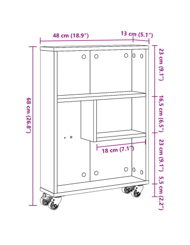 Carrello di Stoccaggio Stretto Rovere Nero 48 x 13 x 68 cm