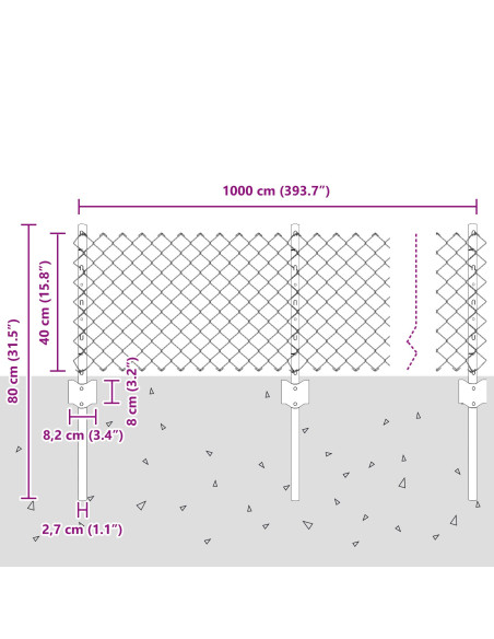 Recinzione a Catena  con 22 Pali U Argento 0,4x25 m Acciaio