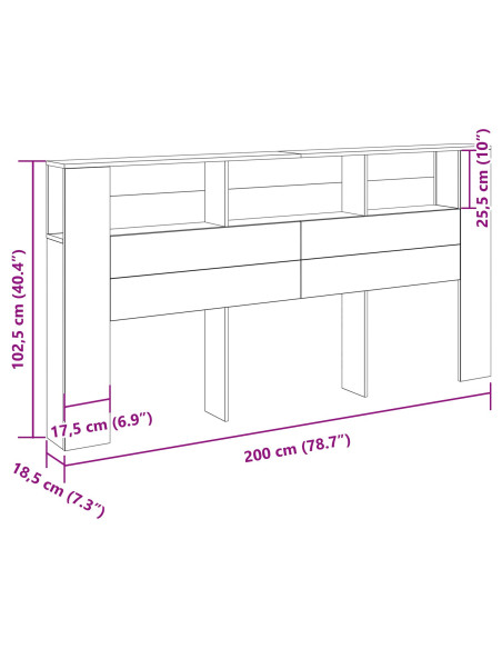 Testata del letto Rovere Nero 200 x 18,5 x 102,5 cm