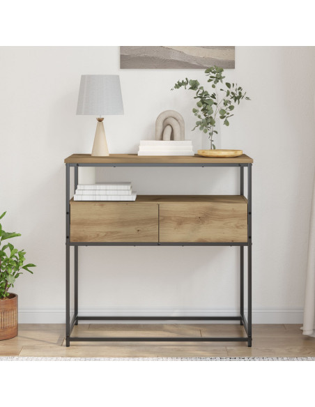 Tavolino Console Rovere Artigianale 75x40x75 cm Legno Ingegnerizzato e Acciaio