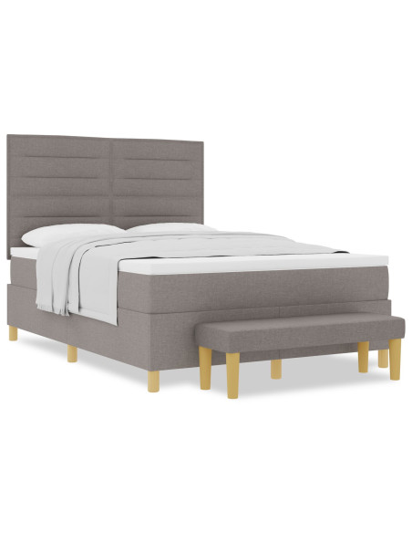 Letto con Box Spring e Materasso e Panchina Tortora 140x190 cm in Tessuto