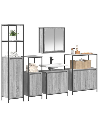 Set di mobili per il bagno con porta 5 pcs Grigio Sonoma e Nero