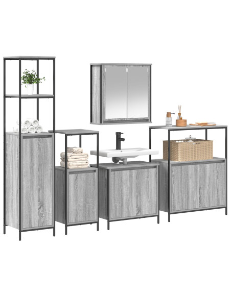 Set di mobili per il bagno con porta 5 pcs Grigio Sonoma e Nero