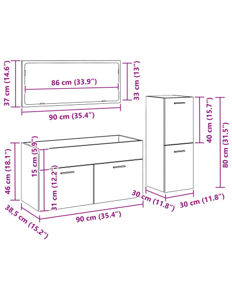 Set Mobili da Bagno  Set di 3 Rovere Nero