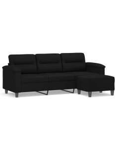 Divano a 3 Posti con Poggiapiedi Nero 180cm Tessuto Microfibra 2