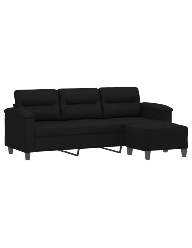 Divano a 3 Posti con Poggiapiedi Nero 180cm Tessuto Microfibra