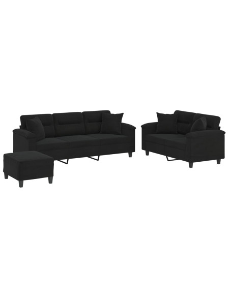 Set Divani 3 pz con Cuscini Nero in Tessuto Microfibra