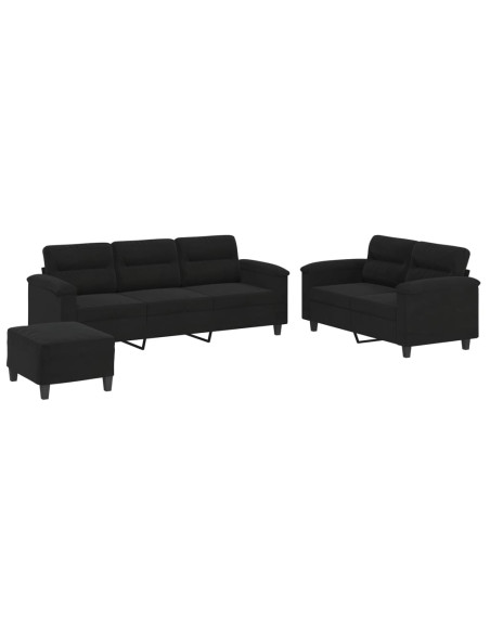 Set Divani 3 pz con Cuscini Nero in Tessuto Microfibra