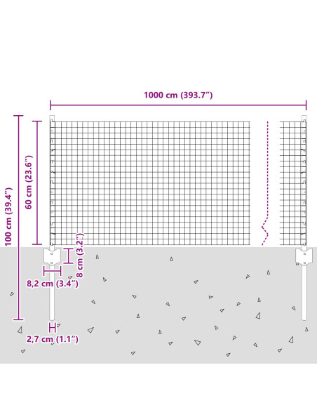 Recinzione in Rete Saldata con 5 Pali a U Argento 0.6x10 m Acciaio