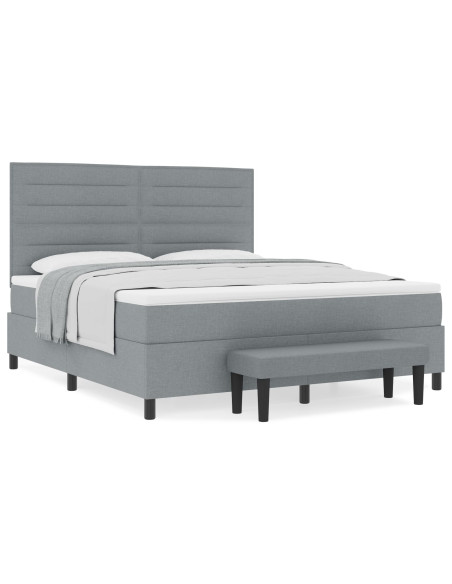 Letto Box Spring con Materasso e Panca Grigia Chiara 180x200 cm in Tessuto