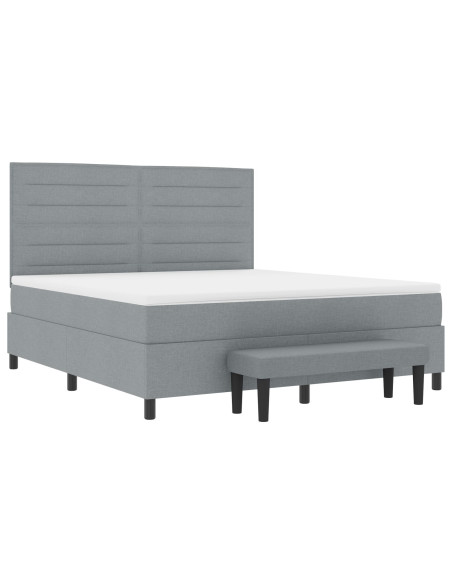 Letto Box Spring con Materasso e Panca Grigia Chiara 180x200 cm in Tessuto