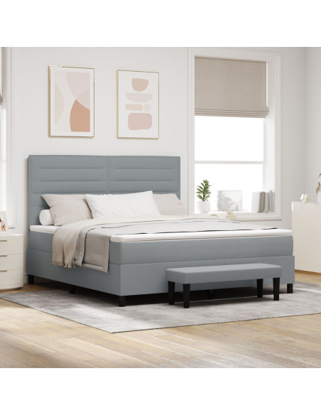 Letto Box Spring con Materasso e Panca Grigia Chiara 180x200 cm in Tessuto