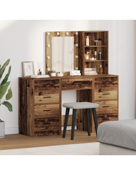 Set Tavolo Trucco 3 Pezzi con LED Legno Antico