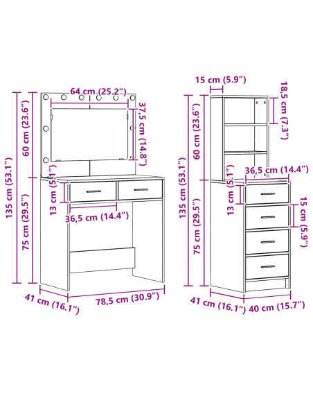 Tavolo da Trucco con cassetto Grigio chiaro 78.5 x 41 x 135 cm