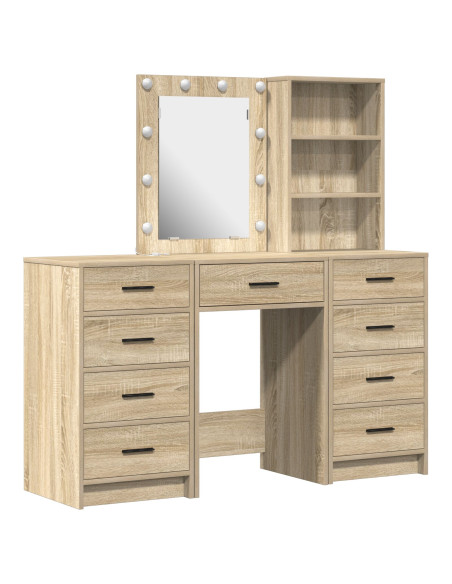 Set da Toeletta di 3 Pezzi vitaXL con LED in Legno Ingegnerizzato Rovere Sonoma