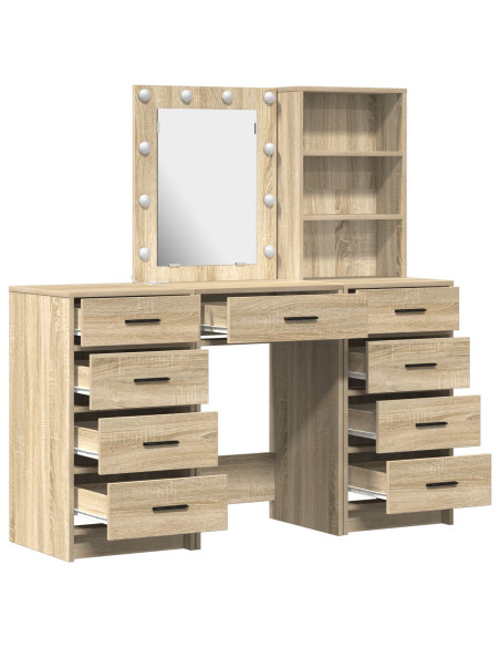 Set da Toeletta di 3 Pezzi vitaXL con LED in Legno Ingegnerizzato Rovere Sonoma