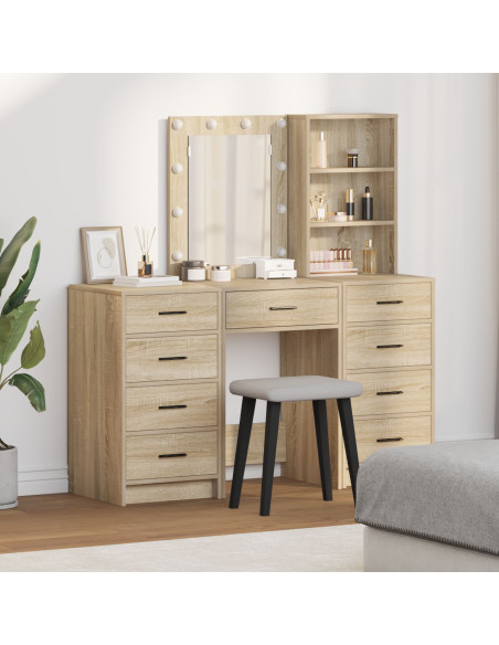 Set da Toeletta di 3 Pezzi vitaXL con LED in Legno Ingegnerizzato Rovere Sonoma
