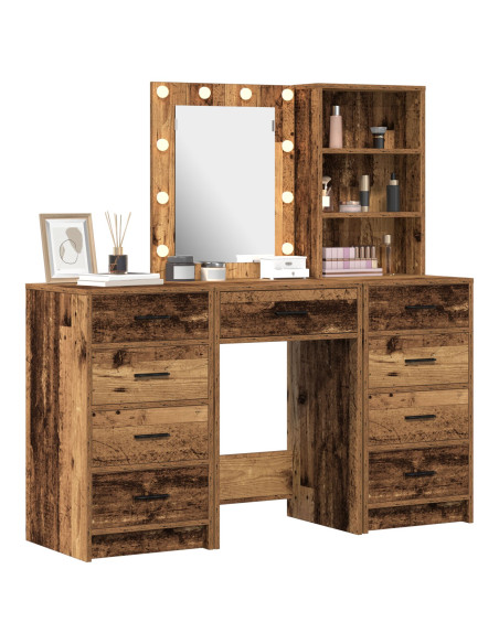 Set Tavolo Trucco 3 Pezzi con LED Legno Antico