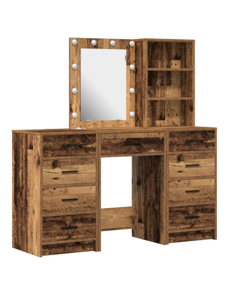Set Tavolo Trucco 3 Pezzi con LED Legno Antico