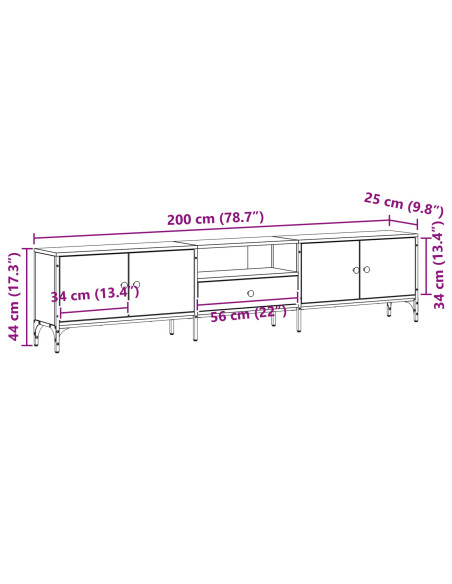 Mobile TV  con cassetto Nero Rovere 200x25x44 cm Legno ingegnerizzato