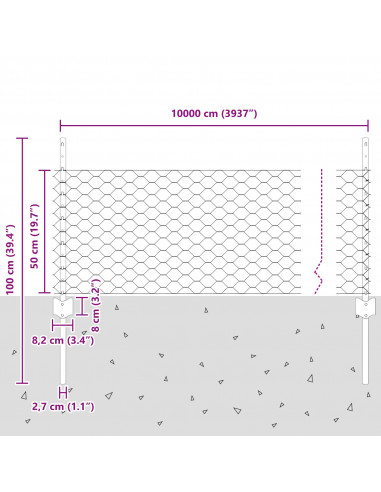 Pali di Recinzione  11 pz U-Channel 60 cm Acciaio Zincato, Recinzione Esagonale  0.5x100 m Acciaio Zincato