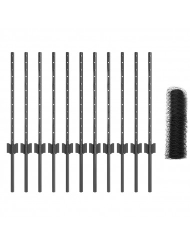 Pali di Recinzione  11 pz U-Channel Grigio 60 cm Acciaio, Recinzione Esagonale  Grigia 0.6x25 m Acciaio